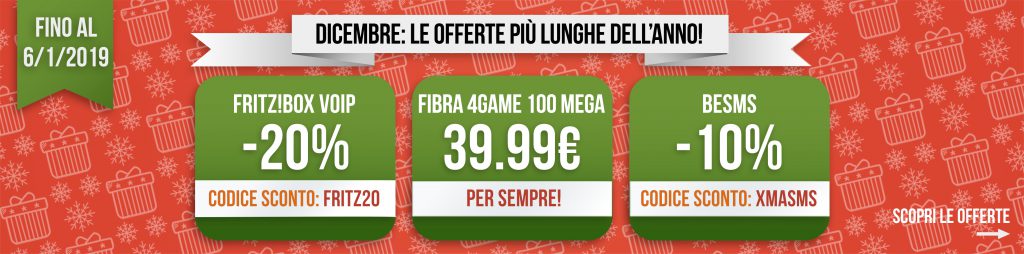 Ehiweb offerte dicembre 2018: FRITZ!Box VoIP, FIBRA 100 mega per i gamer, -10% sugli SMS