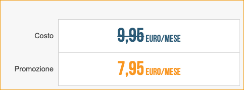 La tariffa VivaVox Flat:
Prezzo pieno (barrato nell'immagine): 9,95 Euro/mese
Prezzo in promozione: 7,95 Euro/mese