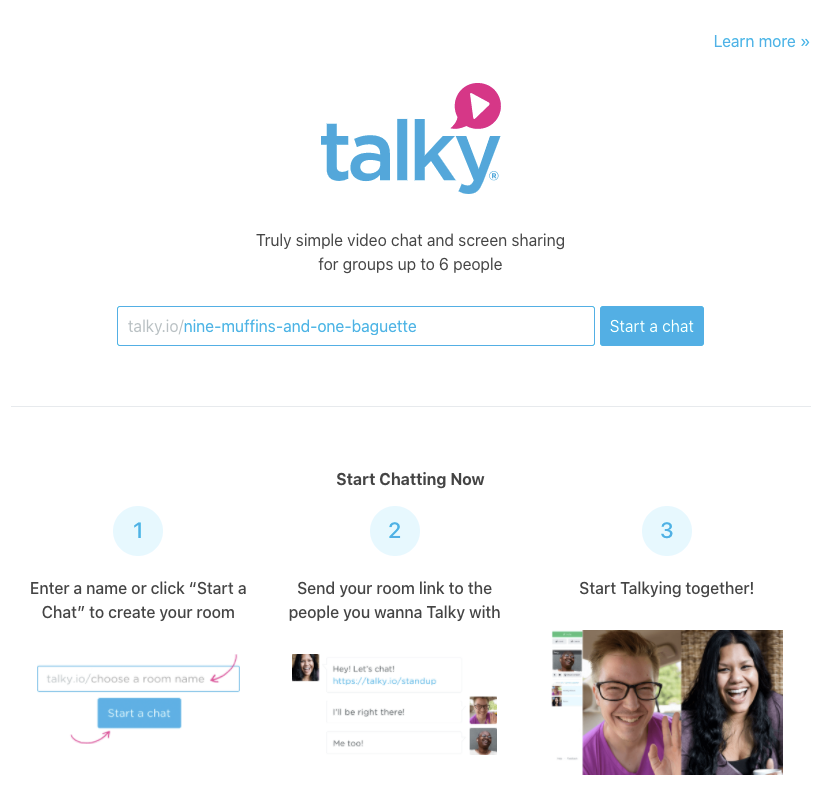 Home page di Talky, piattaforma per videochiamate
